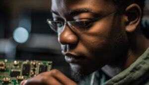 Unleashing the Power: A Comprehensive Guide to Choosing between ASICs and FPGAs African American businessman using computer with expertise generated by AI