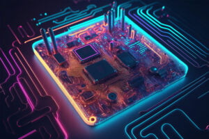Process: Basic Functional Unit in VHDL Central computer processor with neon lights integrated microchip circuit board for server.