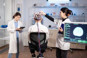 AI in Mental Health: Revolutionizing Diagnosis and Treatment Back view of man patient wearing performant brainwave scanning headset